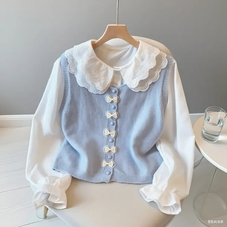 2025春秋新款马夹配娃娃领衬衫叠穿套装两件套洋气学院风针织马甲