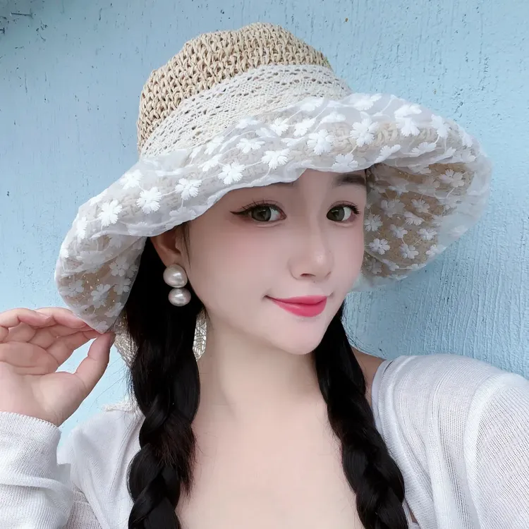帽大帽檐显脸小蕾丝草帽女简约镂空遮阳帽子渔夫帽太阳帽法式沙滩