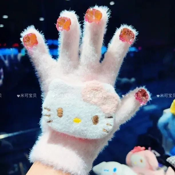 可爱水钻毛绒五指手套女冬季加厚保暖骑行用