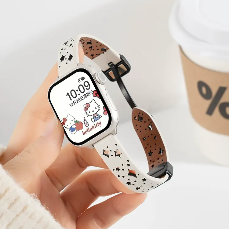 适用苹果S10手表iwatch表带applewatch9/8/7真皮表带女生创意镂空