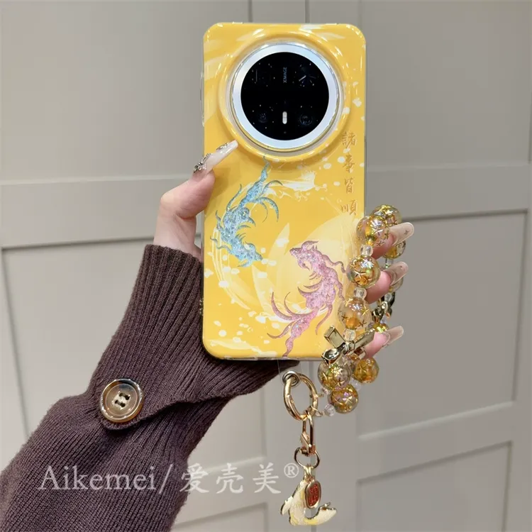 适用华为mate70pro+手机壳国风诸事皆顺mate60pro+闪粉锦鲤带挂件