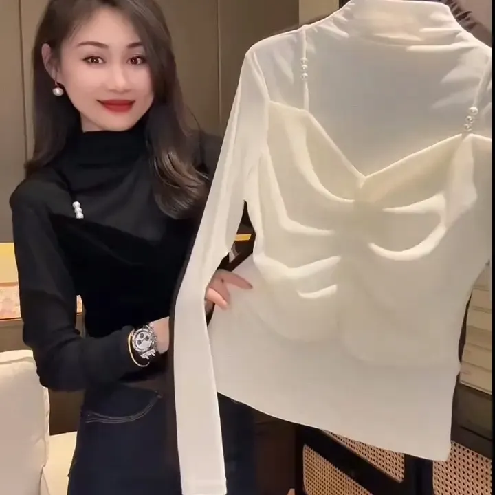 2025秋季新款丝绒拼接网纱长袖T恤女半高领假两件上衣打底衫潮