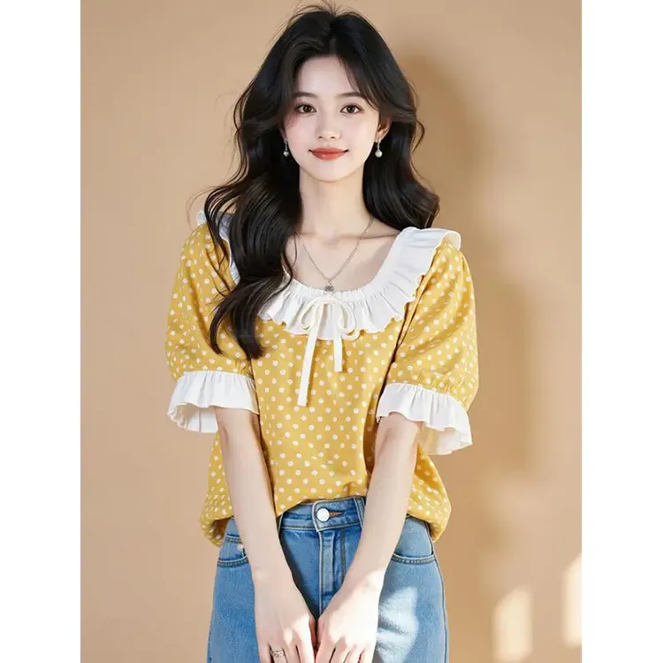 韩系奶黄色波点衬衫女2025春夏泡泡袖洋气减龄小衫超好看雪纺上衣