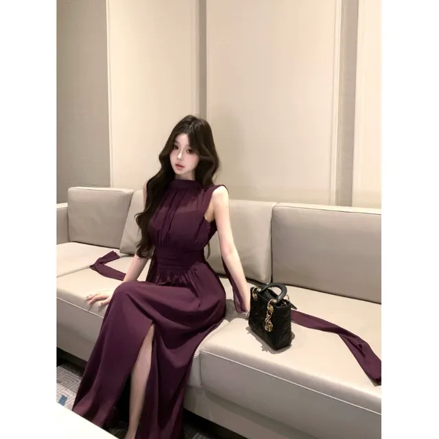 御姐风气质紫色背心连衣裙仙女夏季网纱拼接无袖裙子收腰开叉长裙