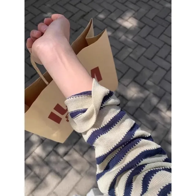 韩系慵懒风外搭条纹防晒针织衫女夏季宽松薄款长袖圆领T恤罩衫潮