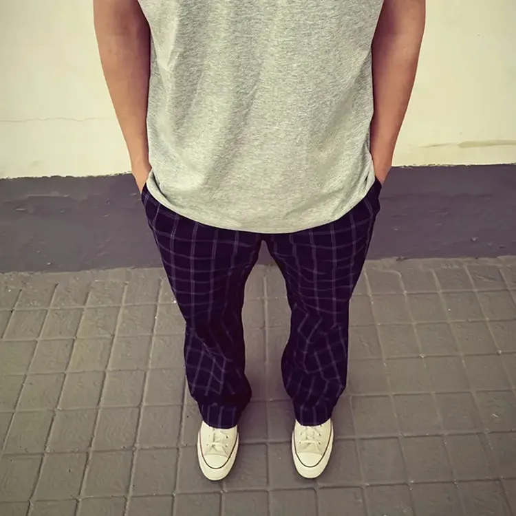 何以至此黑蓝格子裤男款夏季美式直筒微喇裤子显腿长显瘦运动裤