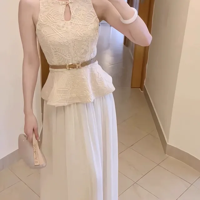 重工蕾丝刺绣花片无袖背心裙两件套女夏显瘦超仙新款复古森系半裙