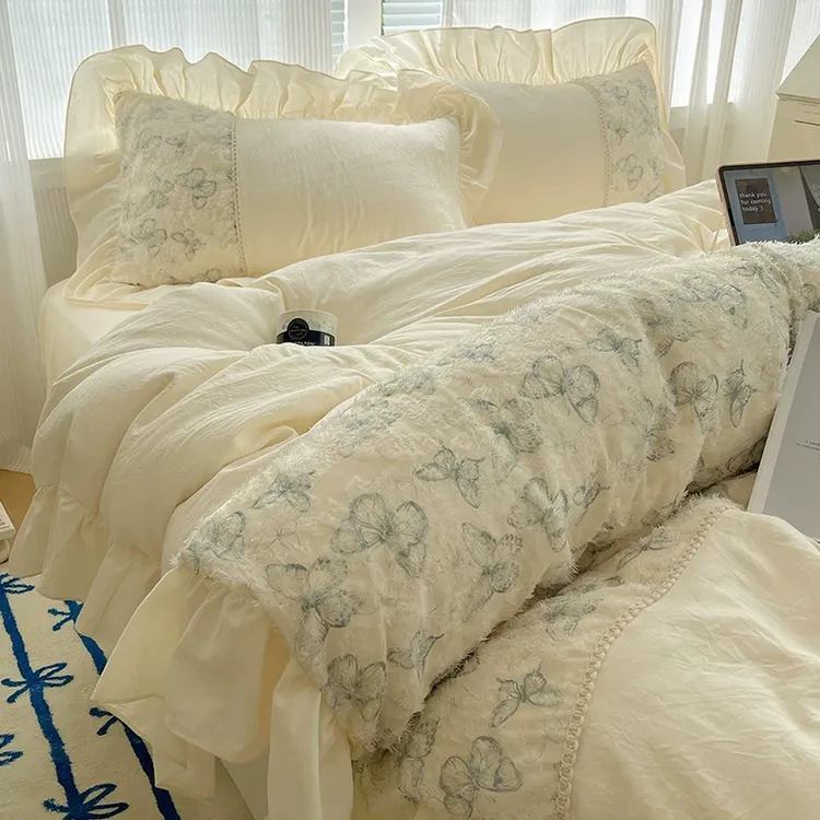 法式公主风床上四件套蝴蝶剪花被套床单唯美仙女床品三件套床笠款