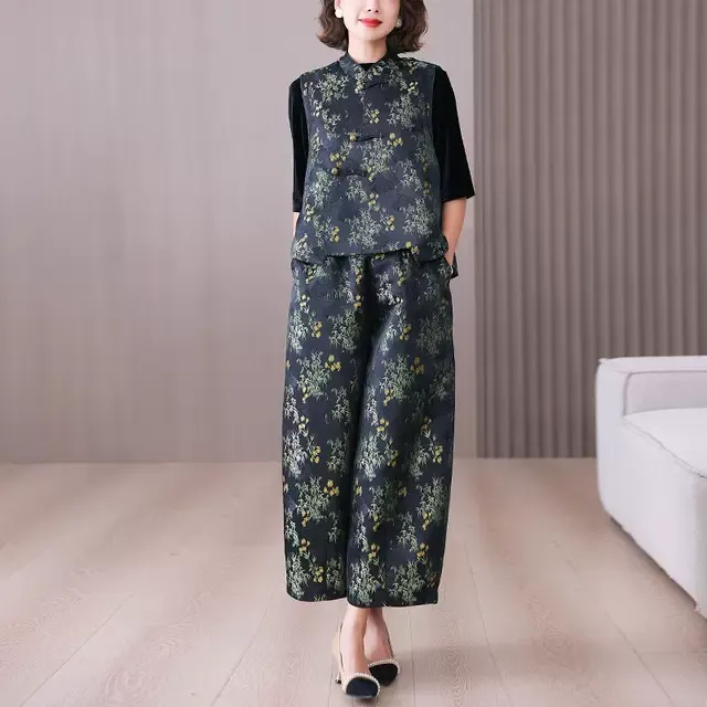 复古碎花休闲无袖马甲+提花阔腿裤套装2025新款中年妈妈两件套装