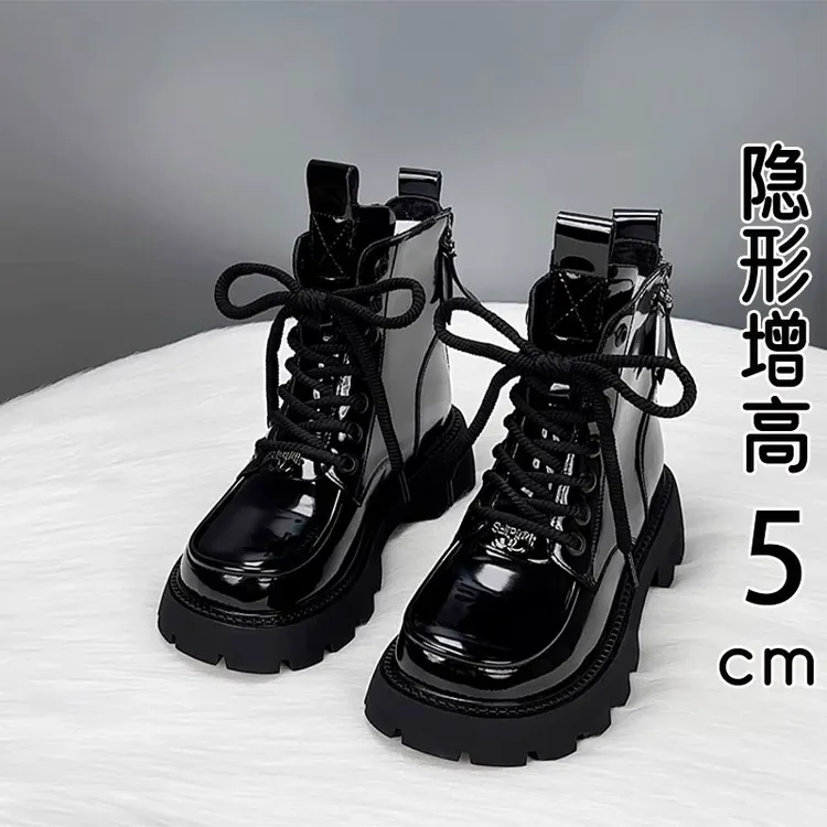 香港真皮漆皮马丁靴女2024秋冬新爆款加绒厚底增高英伦风亮皮短靴