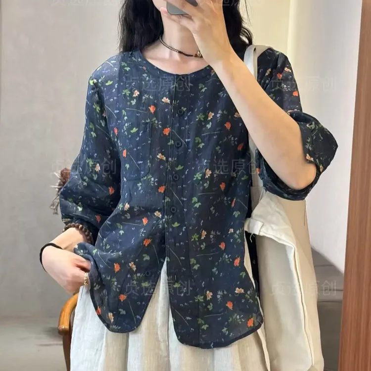 D146-4-夏季碎花苎麻衬衫七分袖设计感复古文艺百搭上衣