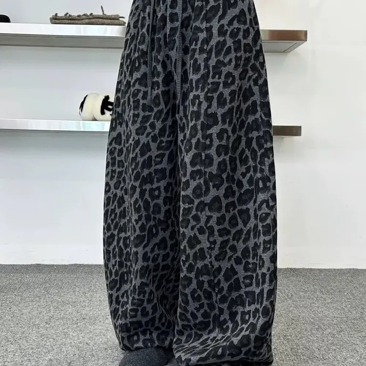 韩版复古设计感豹纹加绒松紧腰休闲阔腿裤高腰显瘦百搭宽松直筒