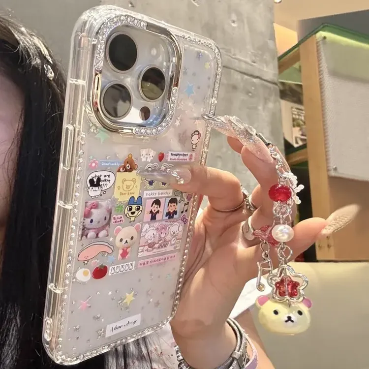 适用闪钻镭射小熊女孩猫咪星星苹果13promax手机壳iPhone14/15/16