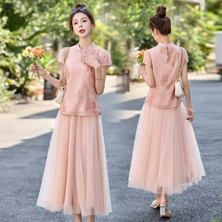 新中式国风刺绣套装裙女2025年夏季新款名媛气质网纱半身裙两件套