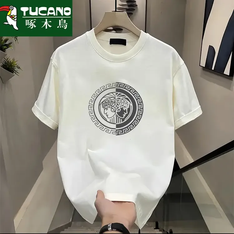 啄木鸟夏季男士短袖简约半袖重磅新疆长绒棉纯棉T恤高级感男装