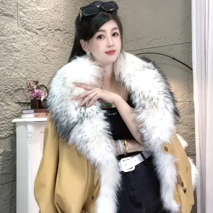 白貉子毛油蜡皮冬季皮外套原创设计款可大毛领加厚女P0442