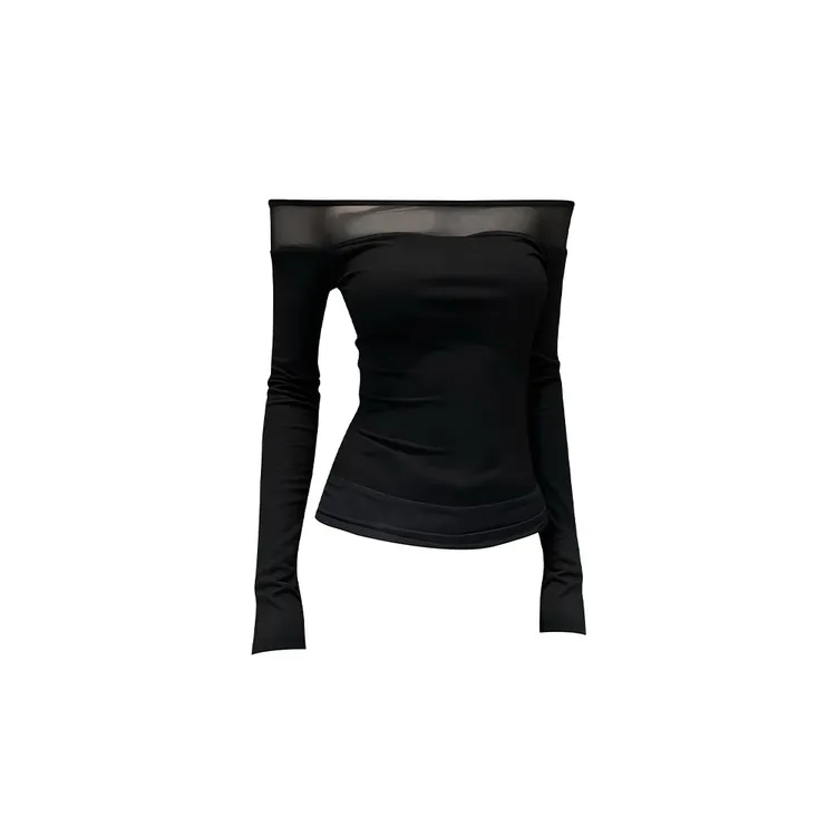 性感一字肩气质德绒黑纱拼接长袖T恤2025秋季显瘦气质纯欲风上衣