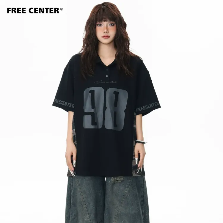 Free Center美式复古迷彩拼接POLO衫男女宽松数字球衣短袖T恤夏季
