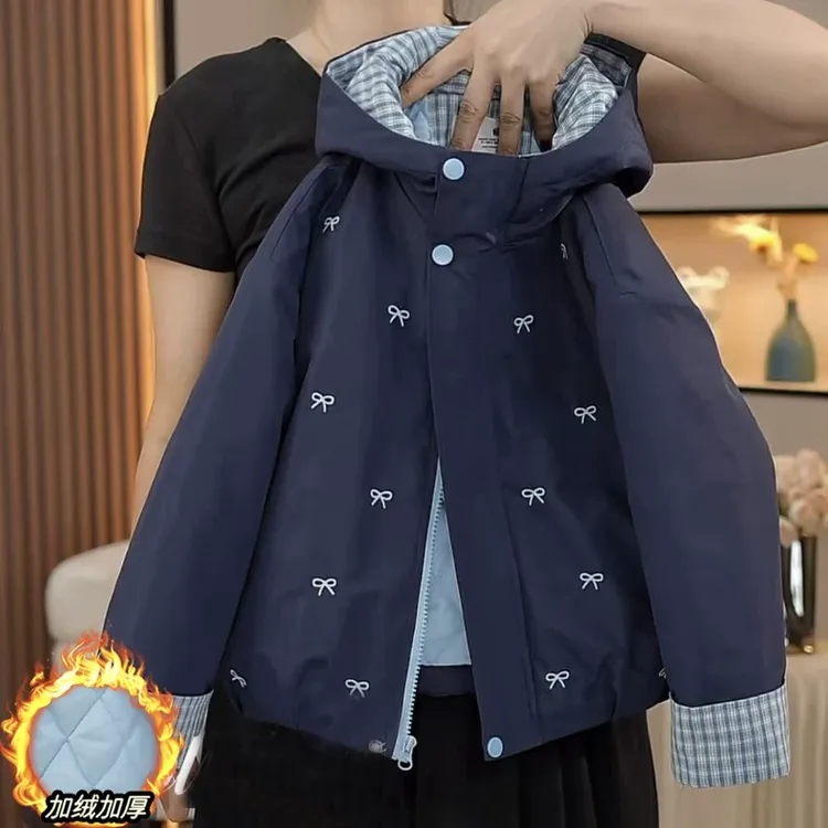 女童夹棉外套秋冬款2025新款女孩洋气加厚连帽冲锋衣儿童保暖夹克