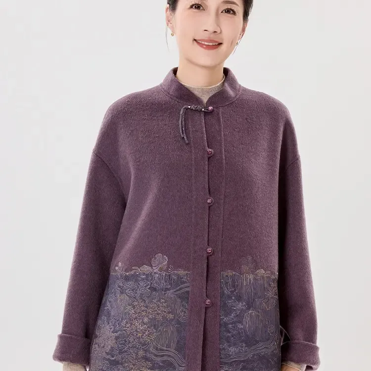 老美华冬季女士落肩羊毛羊绒新中式古典雅致紫色外套434212005