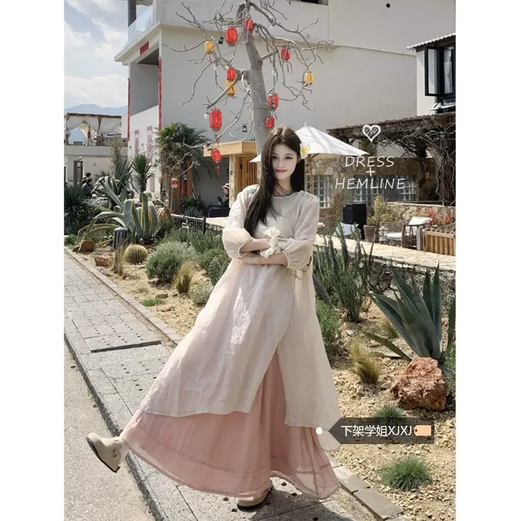 仙气温柔风套装女春季2025新款长袖外搭连衣裙高腰半身裙两件套潮