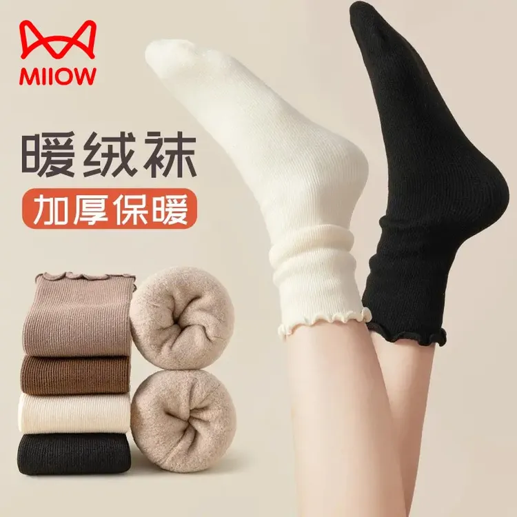 猫人保暖加绒厚堆堆袜秋冬季配雪地靴袜子女木耳边加厚毛圈棉长袜