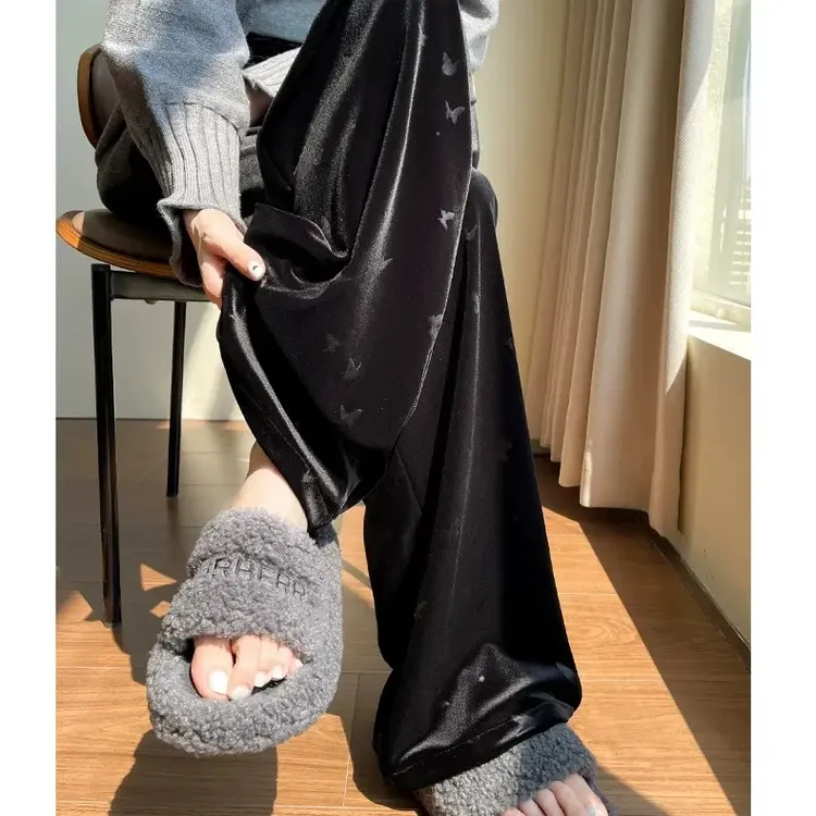 加绒加厚蝴蝶烫花黑色丝绒高腰直筒阔腿女裤秋冬适用