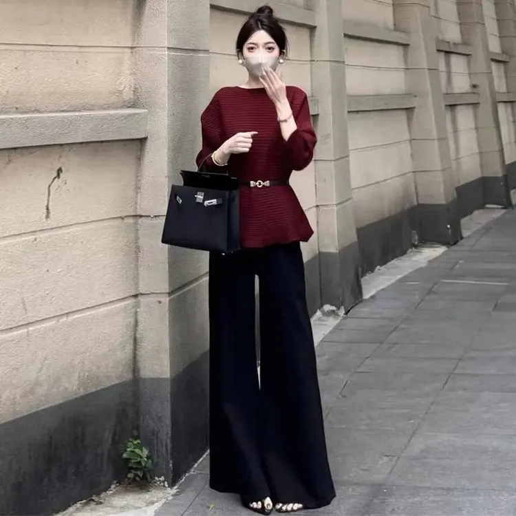 【配腰带】法式圆领收腰显瘦毛衣针织衫秋冬新款百搭高级感气质上衣
