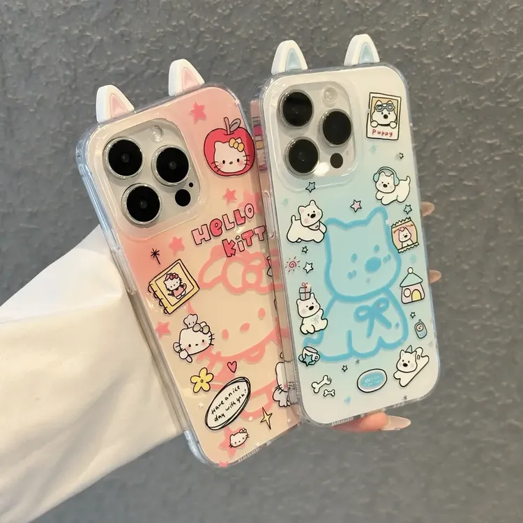 适用苹果16pro立体耳朵晕染kt小狗大孔手机壳华为vivo小米15oppo