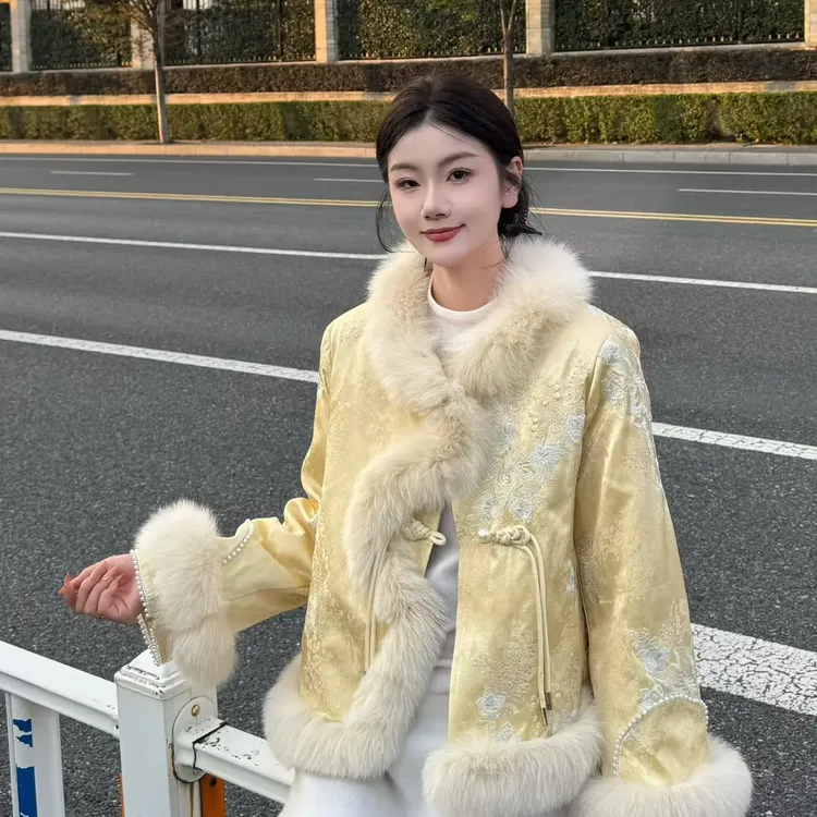 鑫屹女装大狐狸毛鹅绒25038新中式厚短款常规上衣短外套毛领网红