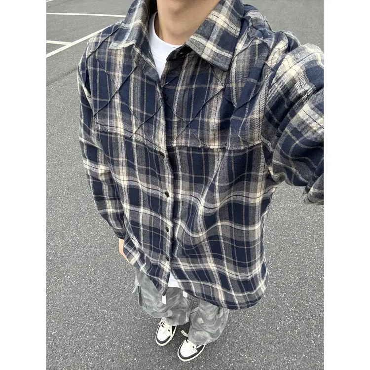 立骨绣格子衬衫男春秋季美式复古格纹长袖衬衣设计感宽松休闲外套