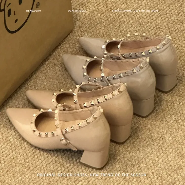 羊皮法式内增高粗跟铆钉浅口单鞋女气质休闲百搭通勤防滑玛丽珍鞋