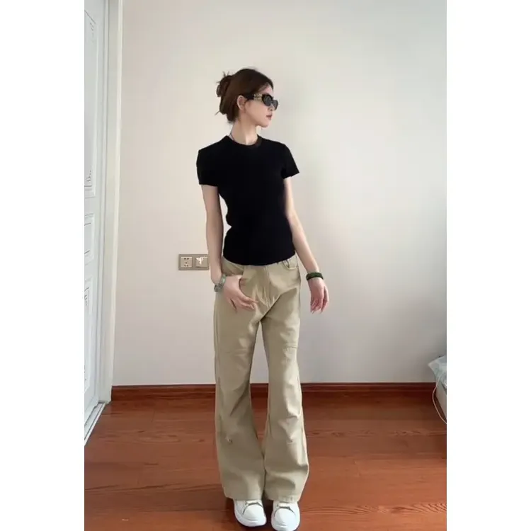 DOM春秋新款黑色短袖t恤女修身显瘦圆领设计感辣妹纯欲风上衣女