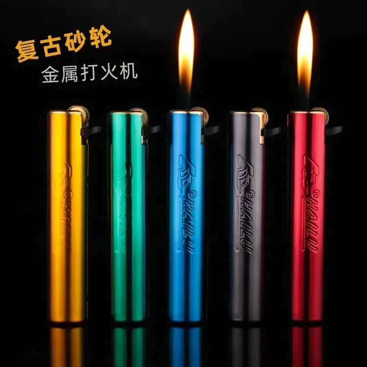 创意砂轮金属圆柱滑轮火石明火打火机充气个性时尚男士点烟器经典
