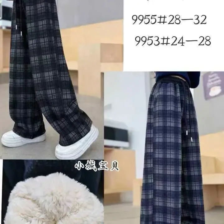 加绒秋冬季格子运动女童裤通用宽松直筒裤子