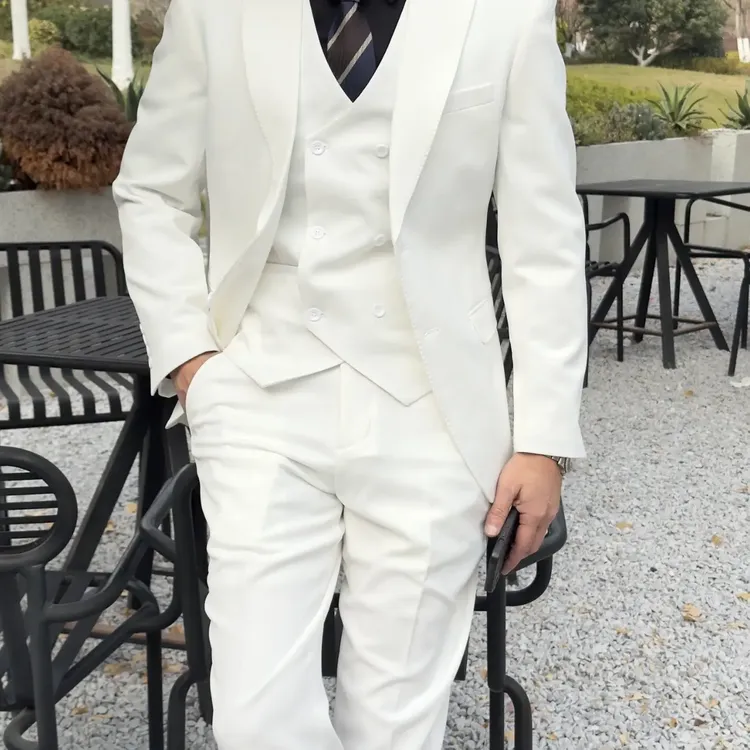 新款男士商务休闲英伦风修身白色西服套装