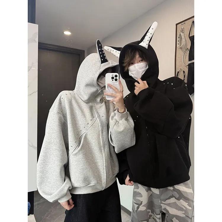 美式vintage重磅灰色连帽卫衣男款秋季设计感杜宾犬开衫夹克外套