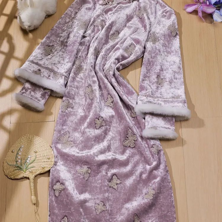 新中式紫色倒大袖旗袍冬季加绒加厚复古修身显瘦国风日常气质