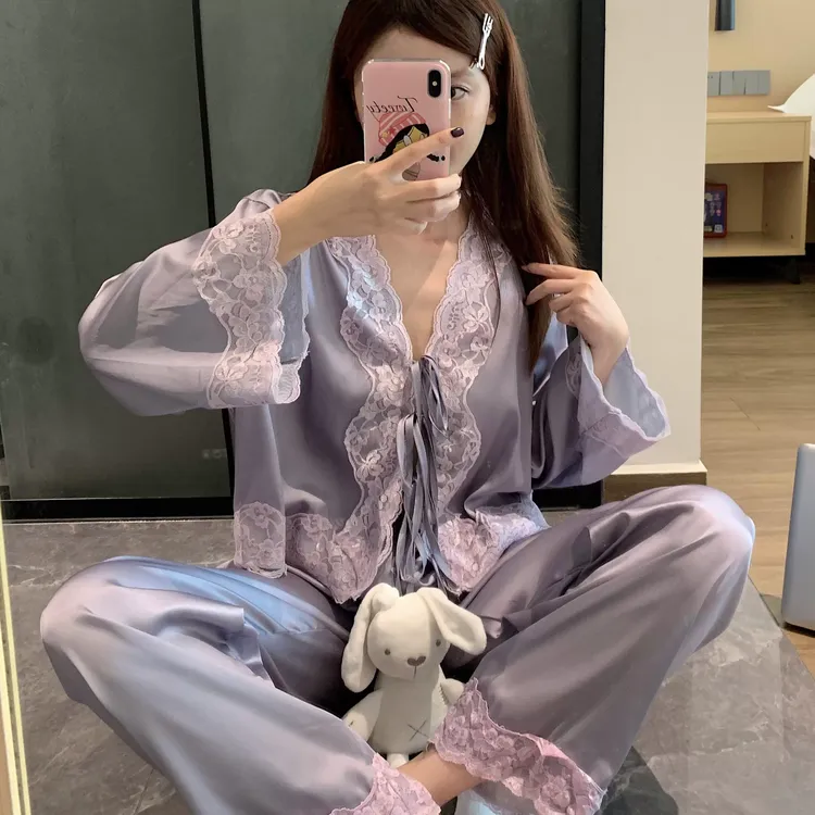 大码性感蕾丝长袖冰丝睡衣套装春秋季女款新款轻奢紫色家居服秋天