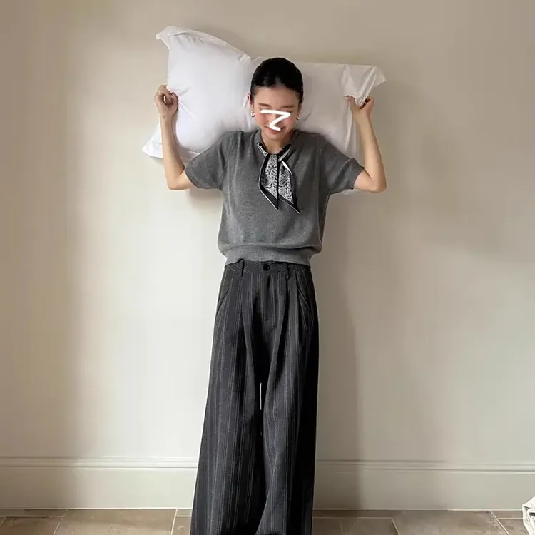 老钱风初秋穿搭套装短袖针织衫上衣女装2025秋季条纹休闲裤两件套