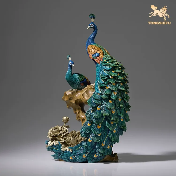 铜师傅《花开富贵》客厅桌面铜孔雀摆件 家居装饰工艺品