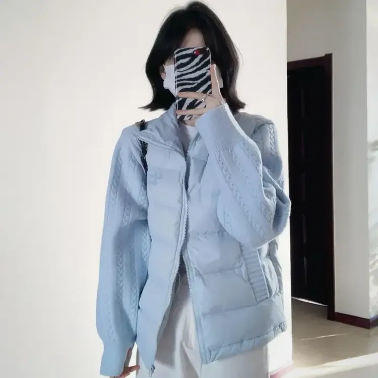 【运费补贴】韩版温柔风蓝色麻花针织拼接设计棉服刺绣薄款棉衣外套