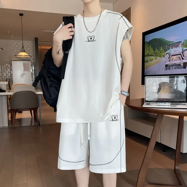 盐系少年感夏季学生休闲运动套装男士无袖背心坎肩帅气短裤两件套