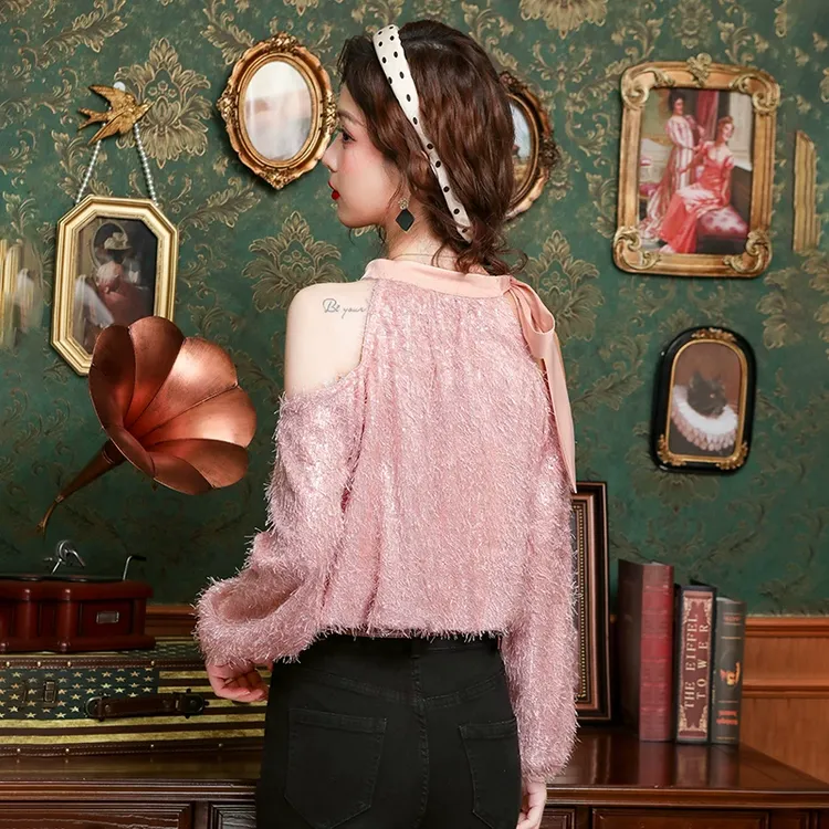 法式蝴蝶结系带露肩雪纺衫女秋气质亮片流苏漂亮小衫温柔粉色上衣