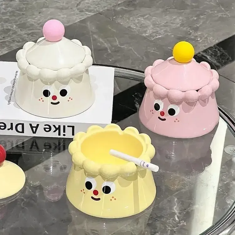 创意烟灰缸陶瓷带盖防烟灰可爱家用烟缸茶几摆件ins风装饰感烟盅