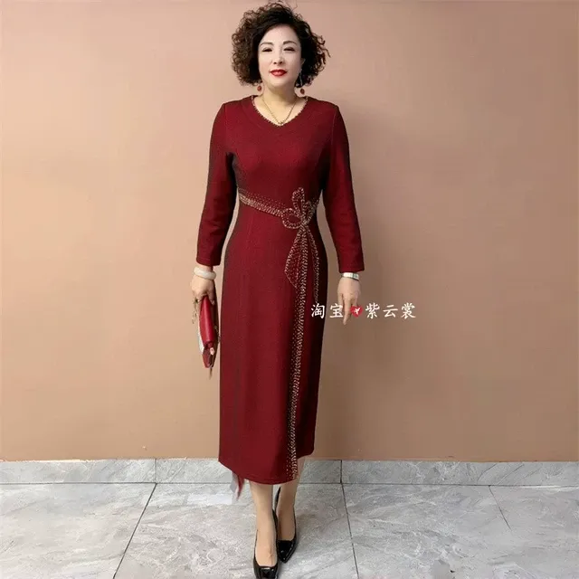 秋冬妈妈装镶钻改良旗袍连衣裙减龄大码气质喜婆婆长款敬酒礼服裙