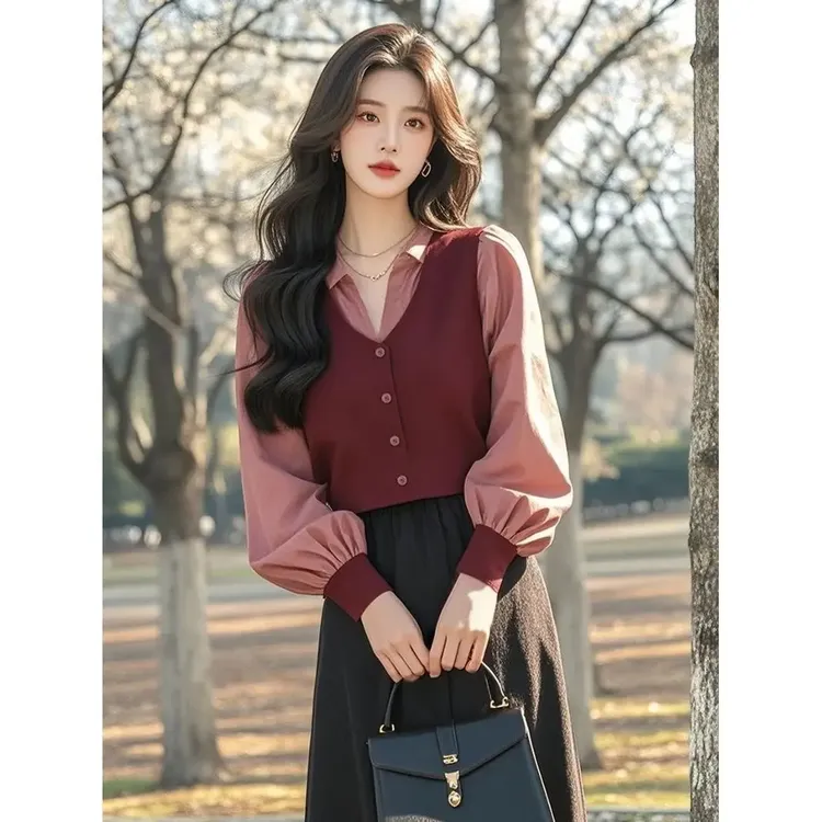 法式设计感车厘子红假两件拼接衬衫女2025春季复古小众显瘦衬衣
