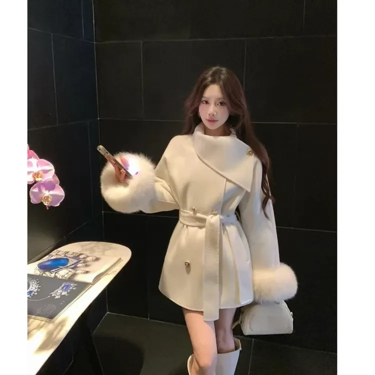 【韩剧女主】冬季保暖加厚毛呢外套女装2025新款毛袖大衣外套爆款