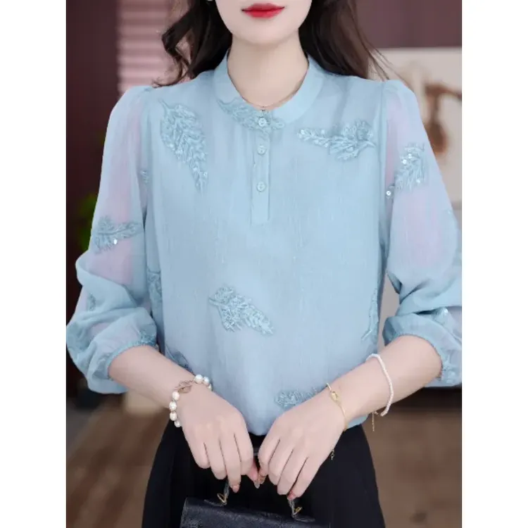 2025夏季时尚新款圆领气质小衫女衬衫洋气衣短款纯色衬衫百搭衬衣