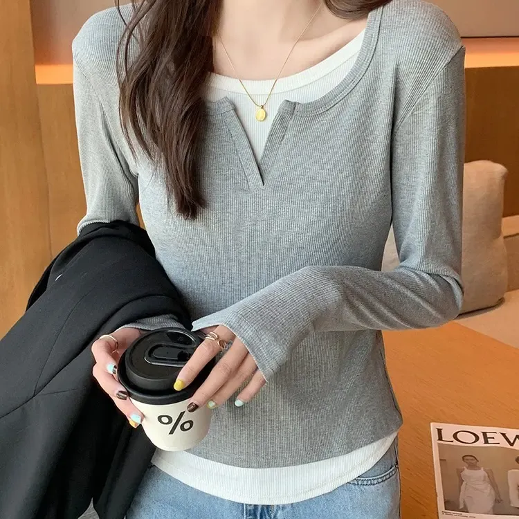 假两件设计感长袖T恤女秋季修身显瘦别致绝美上衣圆领打底衫春秋